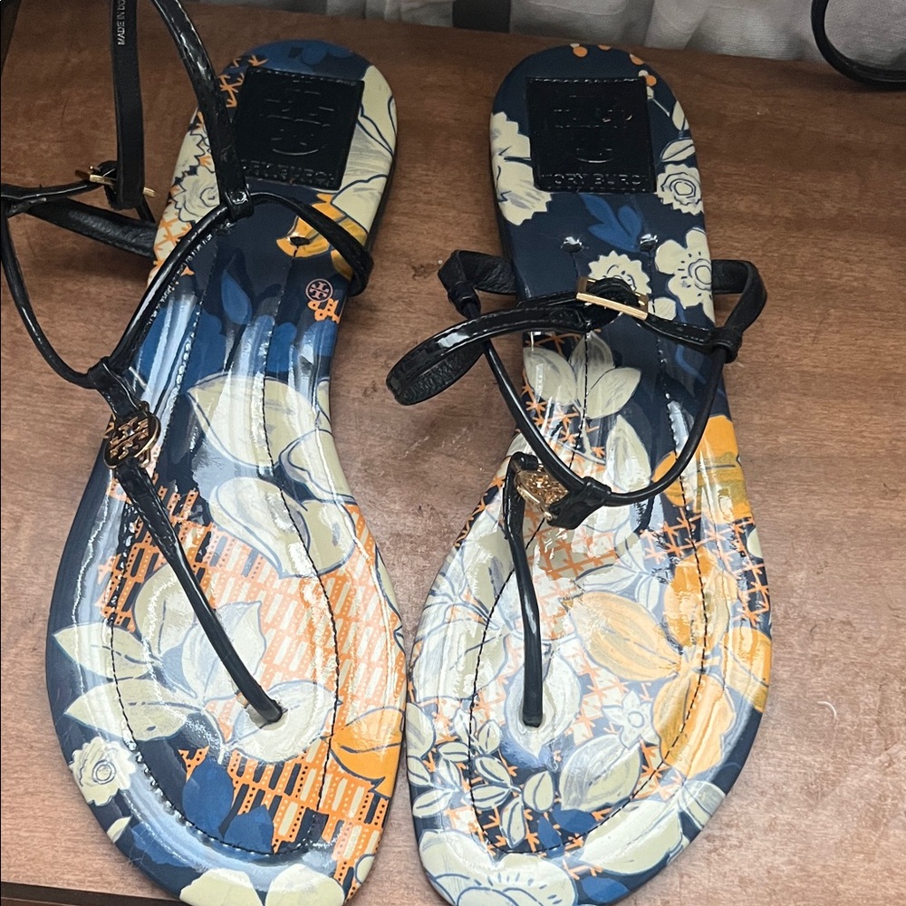 Tory Burch Navy and Orange Floral Sandals